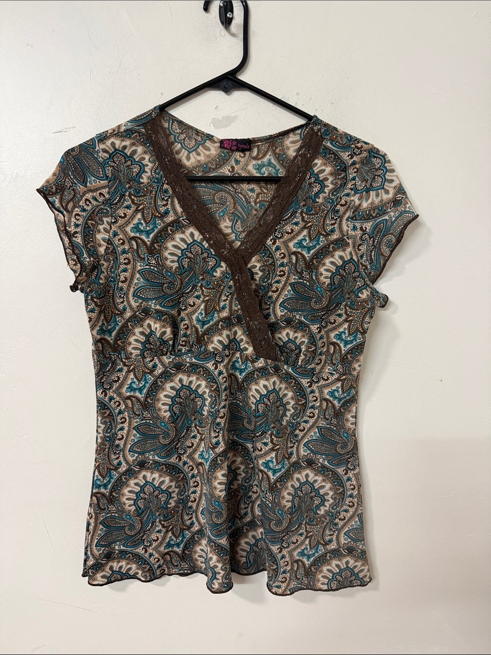 Agenda Teal and Brown Paisley V-Neck Lace Trim Top